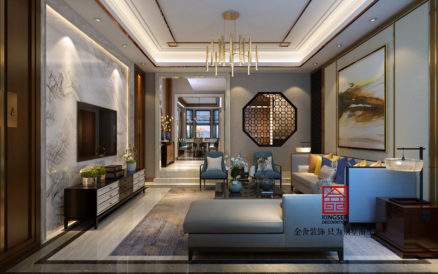 鑫界王府别墅装修-中式风格-客厅